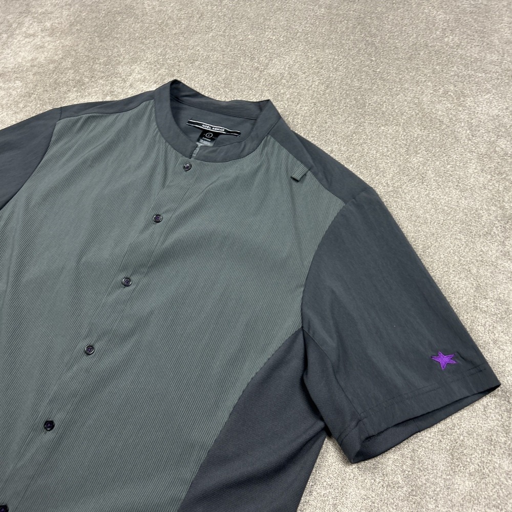 Noel Asmar Uniform Shirt Mens Large Short Sleeve Button Up Mandarin Collar Gray